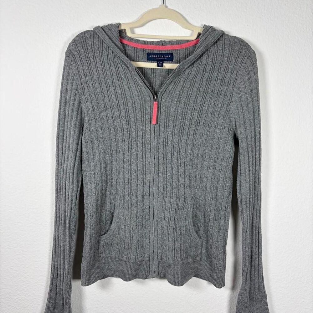 Aeropostale Y2K Cable Knit Hoodie Long Sleeve Size XL Vintage 2000s Zip Up Gray